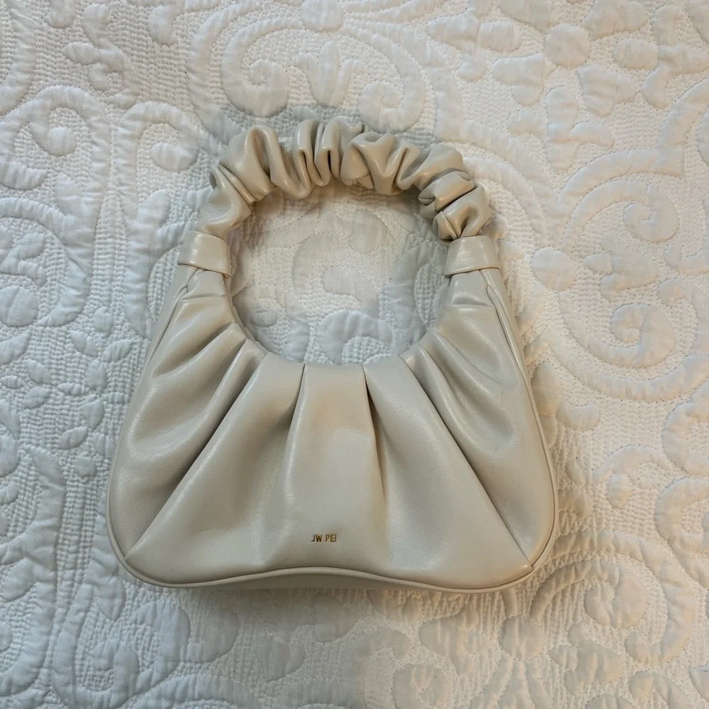 JW PEI Gabbi Ruched Small Hobo Vegan Faux Leather Wrist Handbag Ivory Neutral